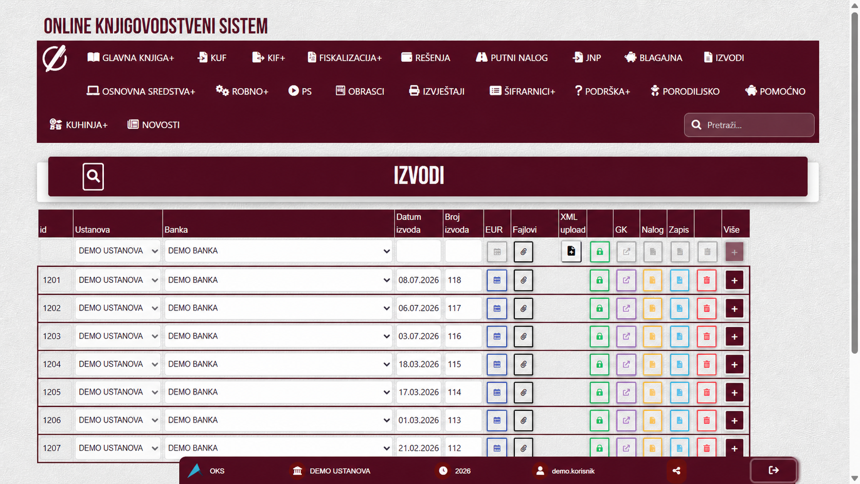 Modul bankovnih izvoda u OKS sistemu sa anonimizovanim demo podacima